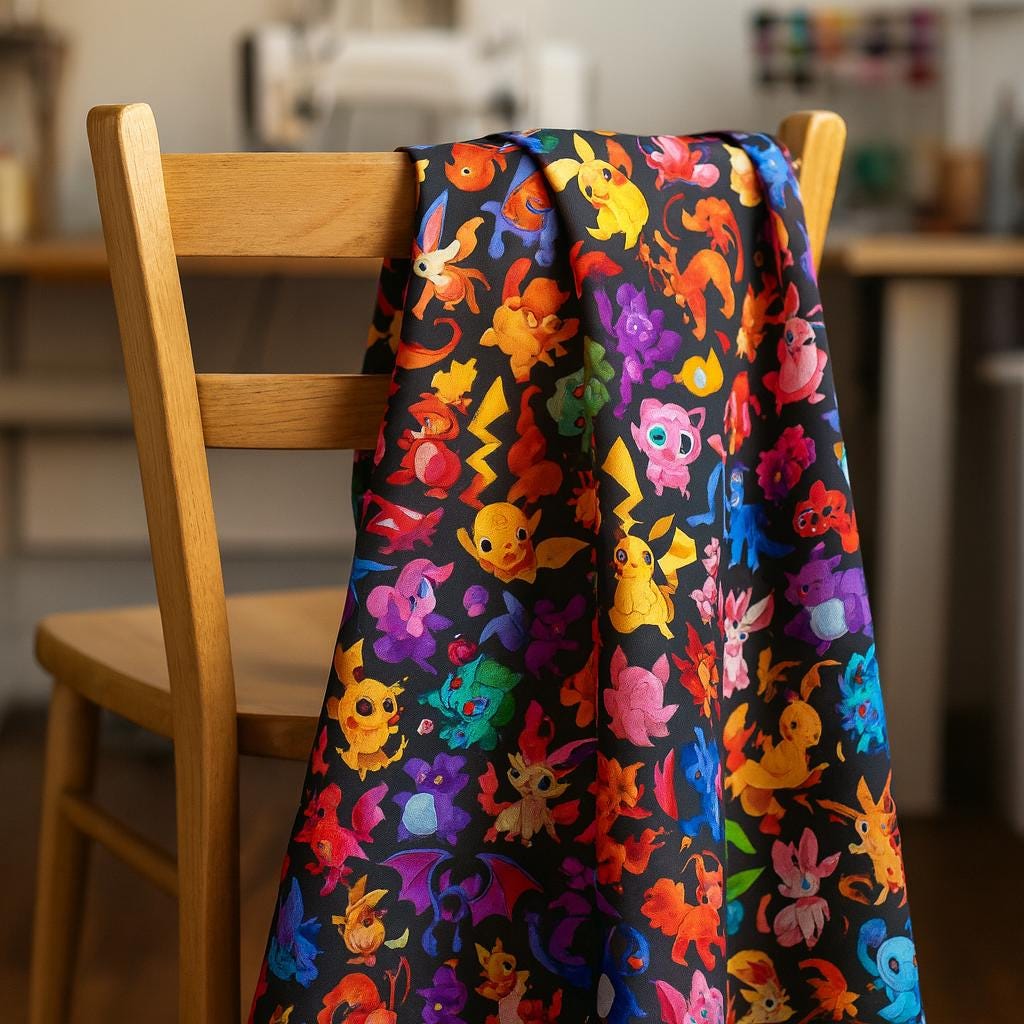 Pokemon Inspired Linen-Look Fabric by the Yard – 44" Wide Soft 100% Polyester (120–130gsm), Anime Cartoon Print, black Base Fabric