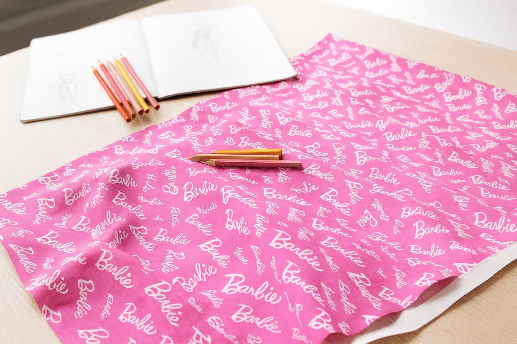 Barbie Fabric: Hot Pink Logo Text, Pink Linen-Look Polyester, 44" Wide