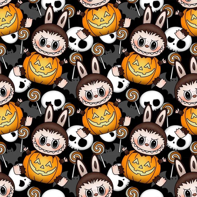 Labubu Halloween Fabric: Kawaii Monster Bunny Print - Polyester Linen