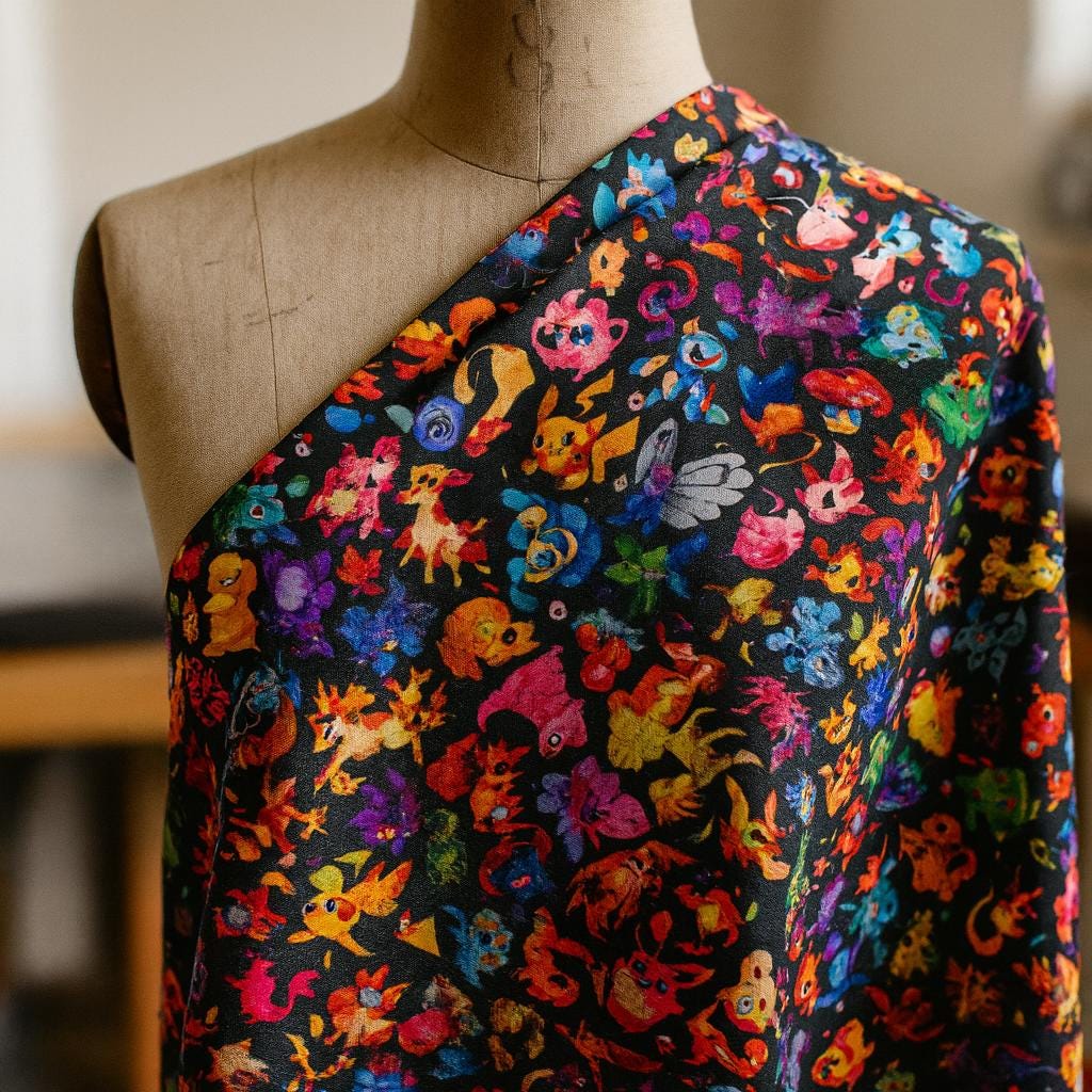 Pokemon Inspired Linen-Look Fabric by the Yard – 44" Wide Soft 100% Polyester (120–130gsm), Anime Cartoon Print, black Base Fabric