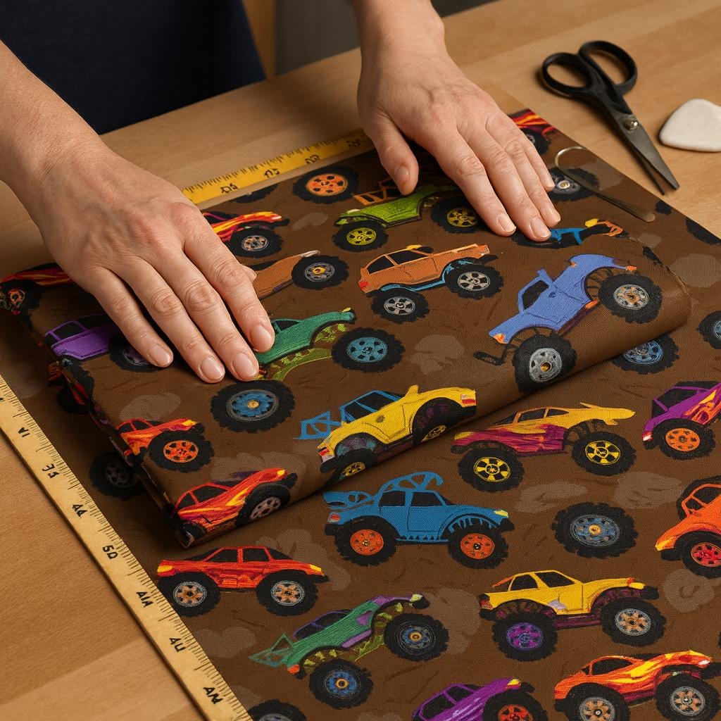 Monster Truck Fabric: Linen-Look Polyester, Brown Dirt Print, 44" Wide