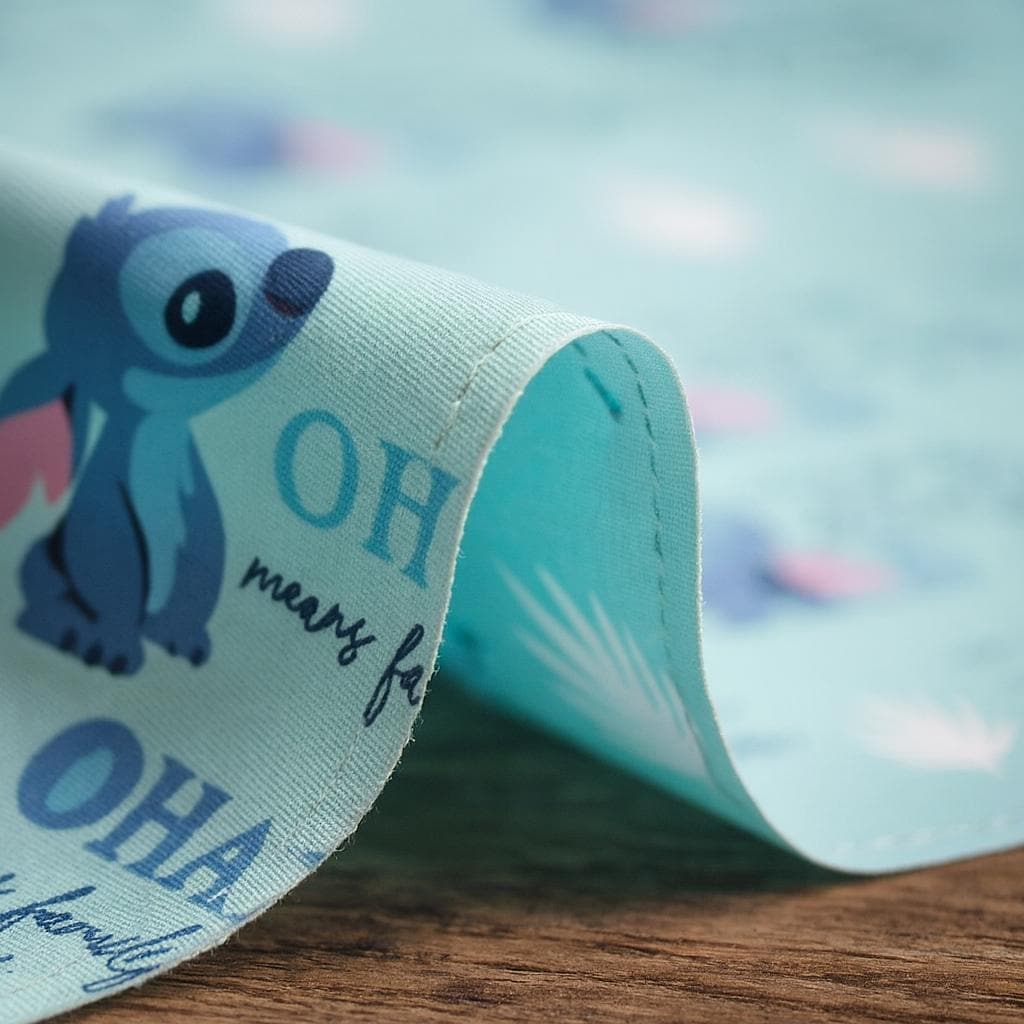 Licensed Lilo & Stitch Ohana Fabric | Linen-Look 100% Polyester by the Yard | 44" Wide, Soft 120–130gsm | Quilting, Sewing and Crafts