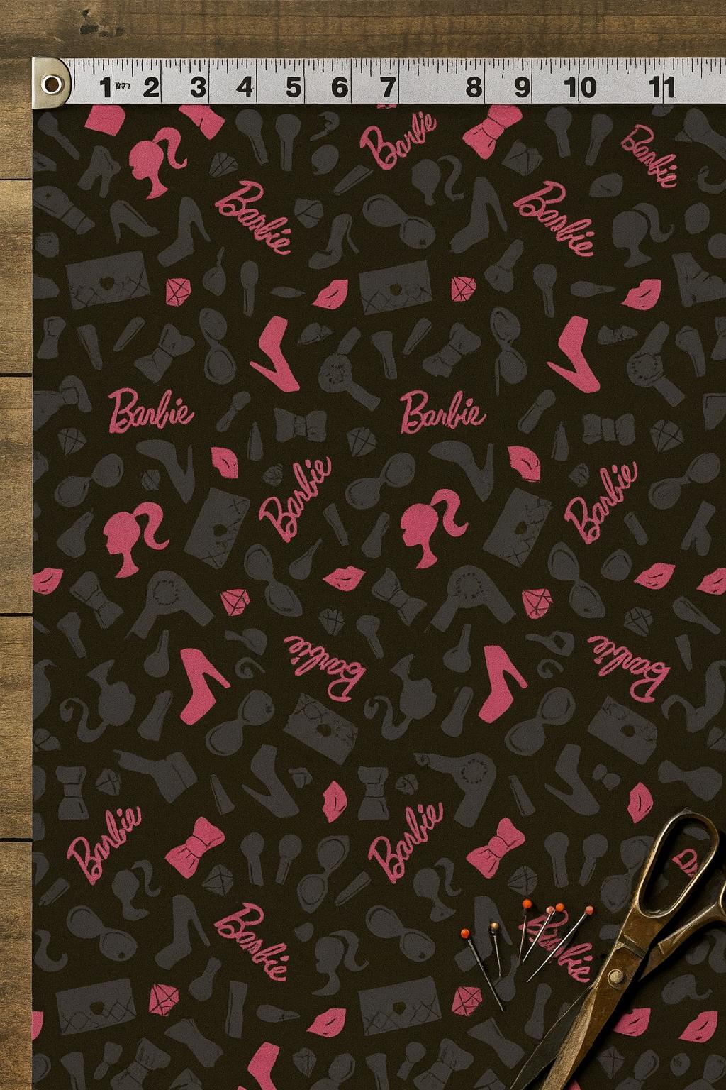 Barbie Fabric: Pink Logo Text, Black Linen-Look Polyester, 44" Wide