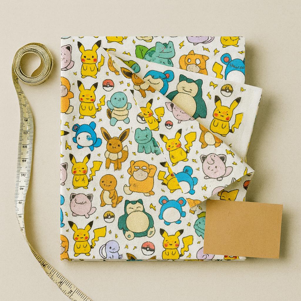 Pokemon Inspired Linen-Look Fabric by the Yard – 44" Wide Soft 100% Polyester (120–130gsm), Anime Cartoon Print, White Base Fabric