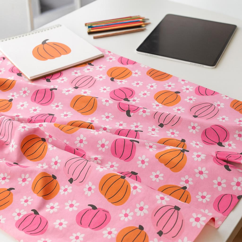 Pink Halloween Pumpkin Fabric: Linen-Look Polyester Sewing & Quilting