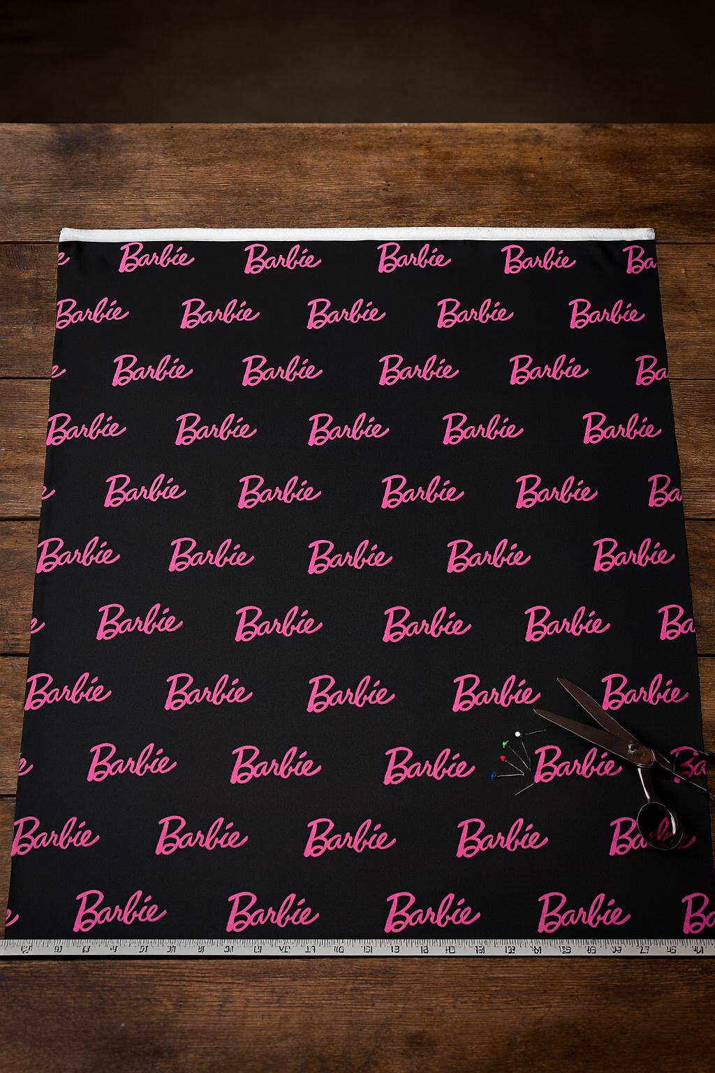 Barbie Fabric: Pink Logo Text, Black Linen-Look Polyester, 44" Wide