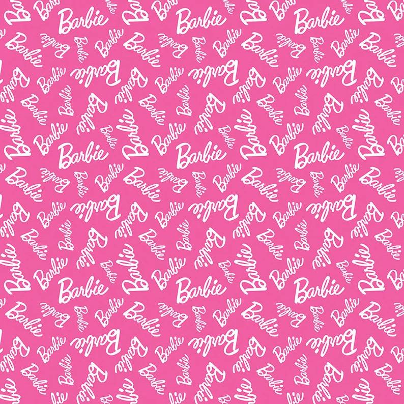 Barbie Fabric: Hot Pink Logo Text, Pink Linen-Look Polyester, 44" Wide