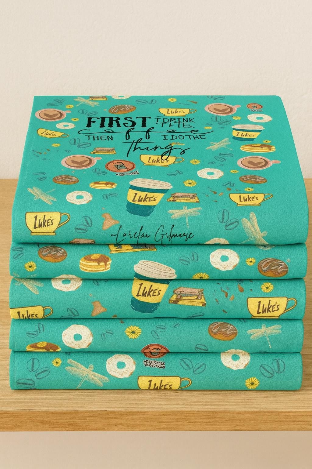 Gilmore Girls Coffee Print Fabric: Teal Linen-Look Polyester, 44" Wide