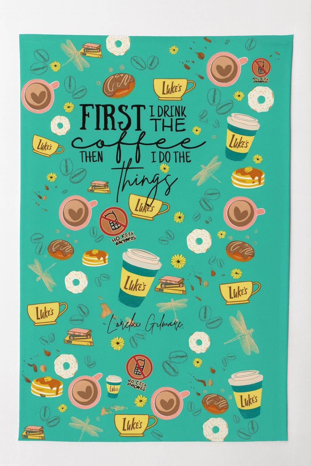 Gilmore Girls Coffee Print Fabric: Teal Linen-Look Polyester, 44" Wide