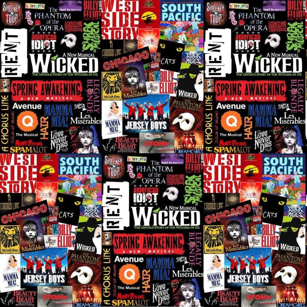Broadway Musicals Collage Fabric: Linen-Look Polyester, Costumes, Quilting