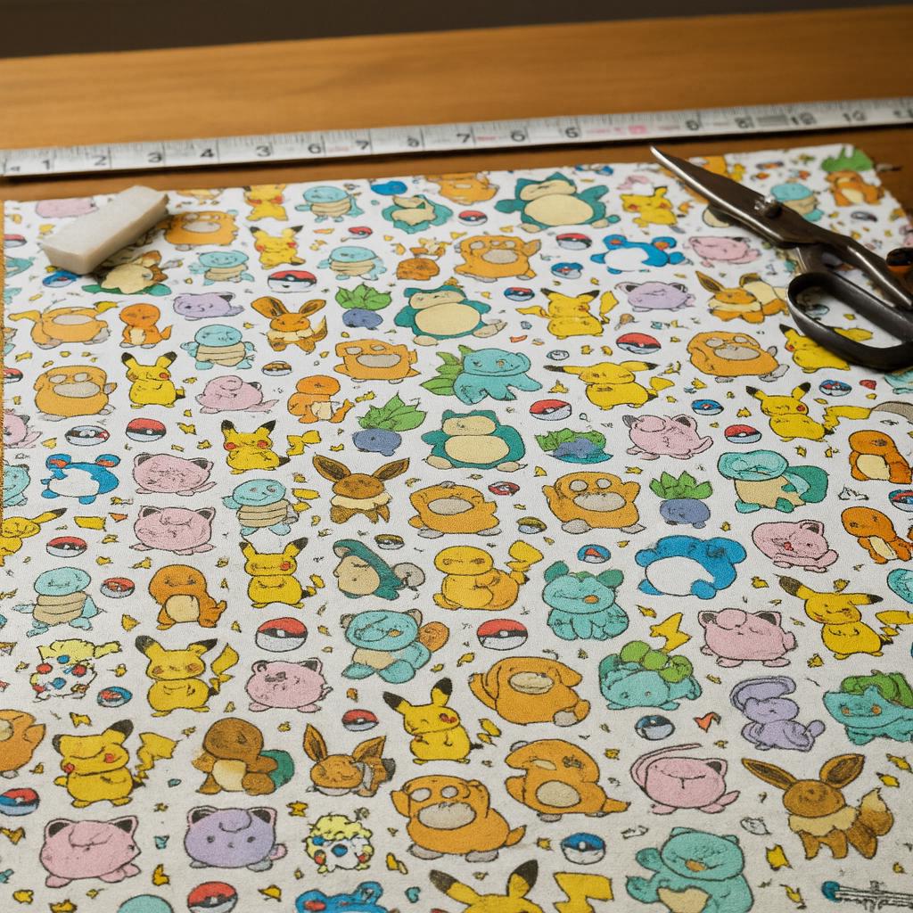 Pokemon Inspired Linen-Look Fabric by the Yard – 44" Wide Soft 100% Polyester (120–130gsm), Anime Cartoon Print, White Base Fabric