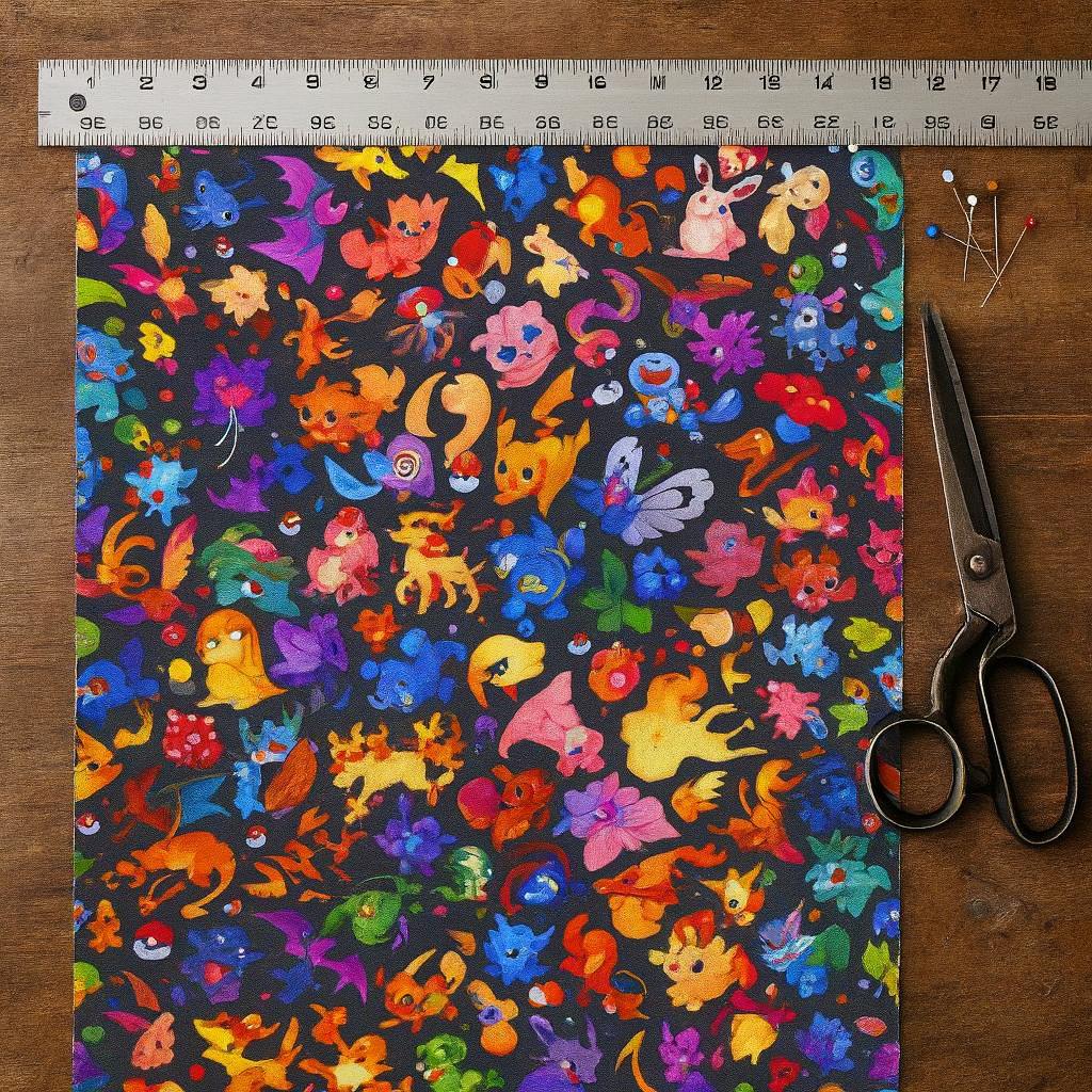 Pokemon Inspired Linen-Look Fabric by the Yard – 44" Wide Soft 100% Polyester (120–130gsm), Anime Cartoon Print, black Base Fabric