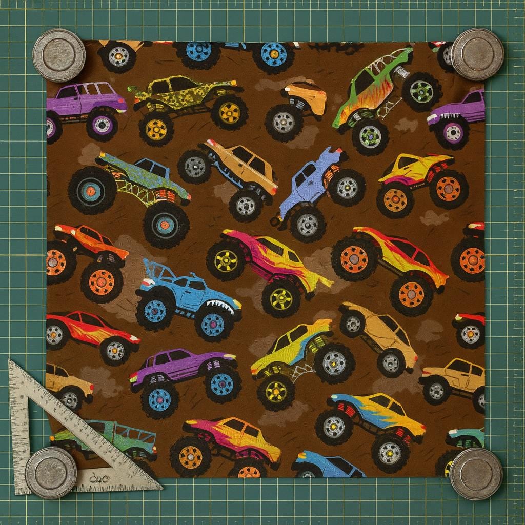 Monster Truck Fabric: Linen-Look Polyester, Brown Dirt Print, 44" Wide