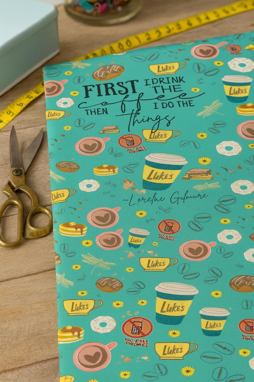 Gilmore Girls Coffee Print Fabric: Teal Linen-Look Polyester, 44" Wide