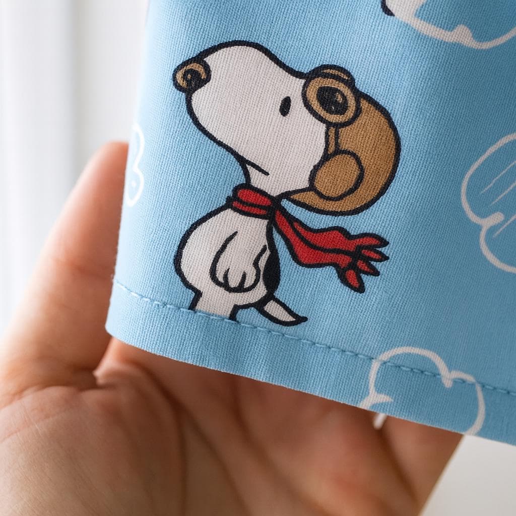 Snoopy Cartoon Fabric: Blue Linen-Look Polyester for Sewing & Quilting