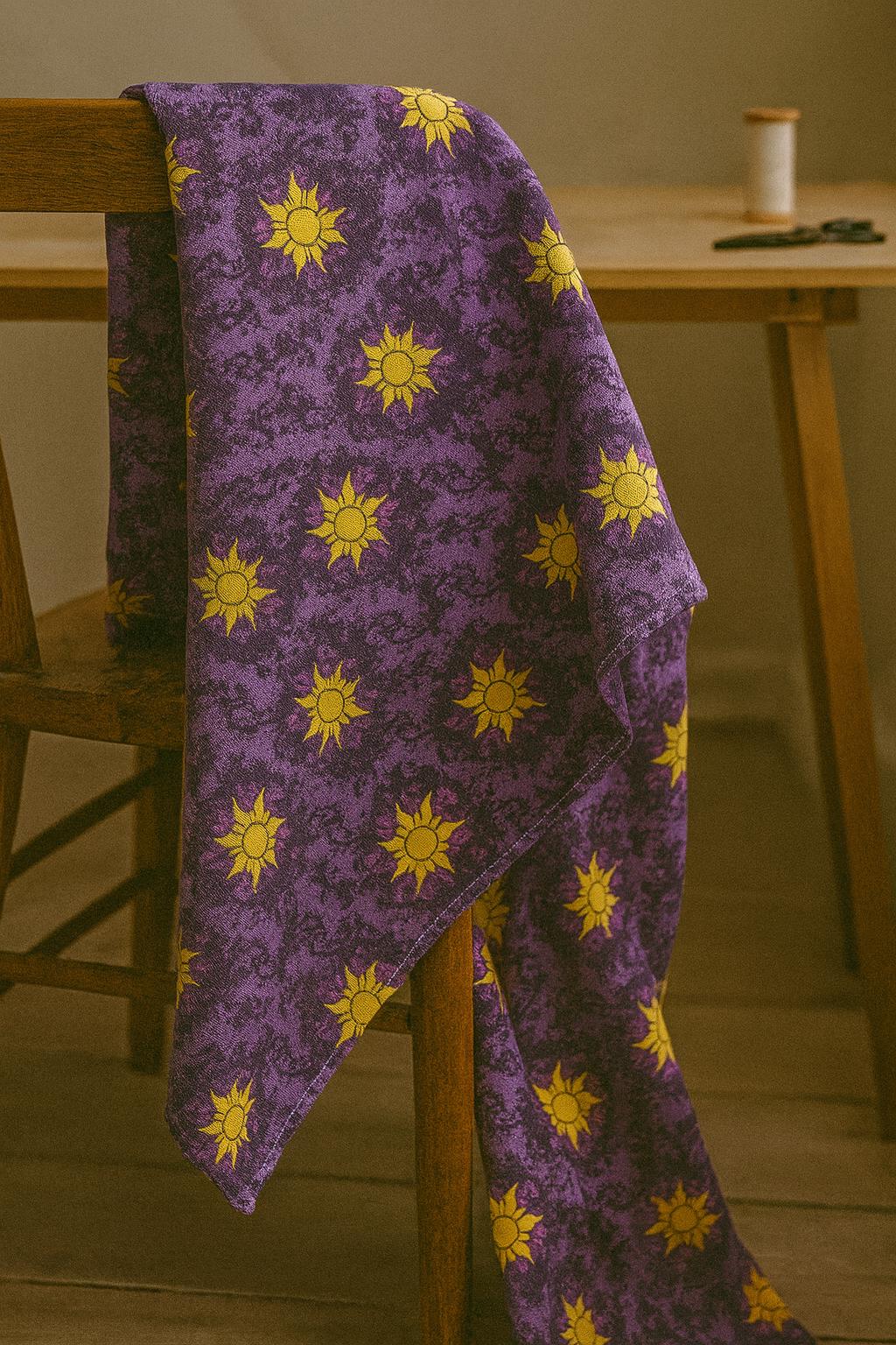 Yellow Sun on Purple, 100% Polyester, Tangled fabric for sewing quilting and apparel making