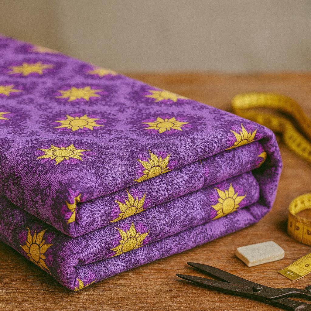 Yellow Sun on Purple, 100% Polyester, Tangled fabric for sewing quilting and apparel making