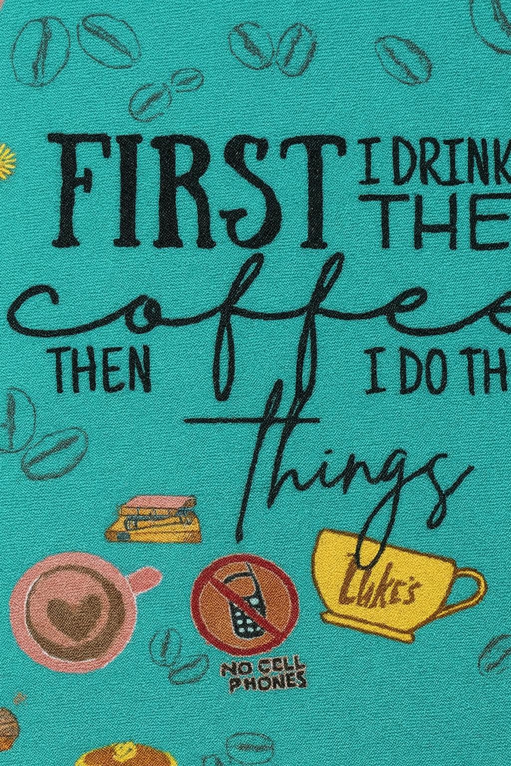 Gilmore Girls Coffee Print Fabric: Teal Linen-Look Polyester, 44" Wide