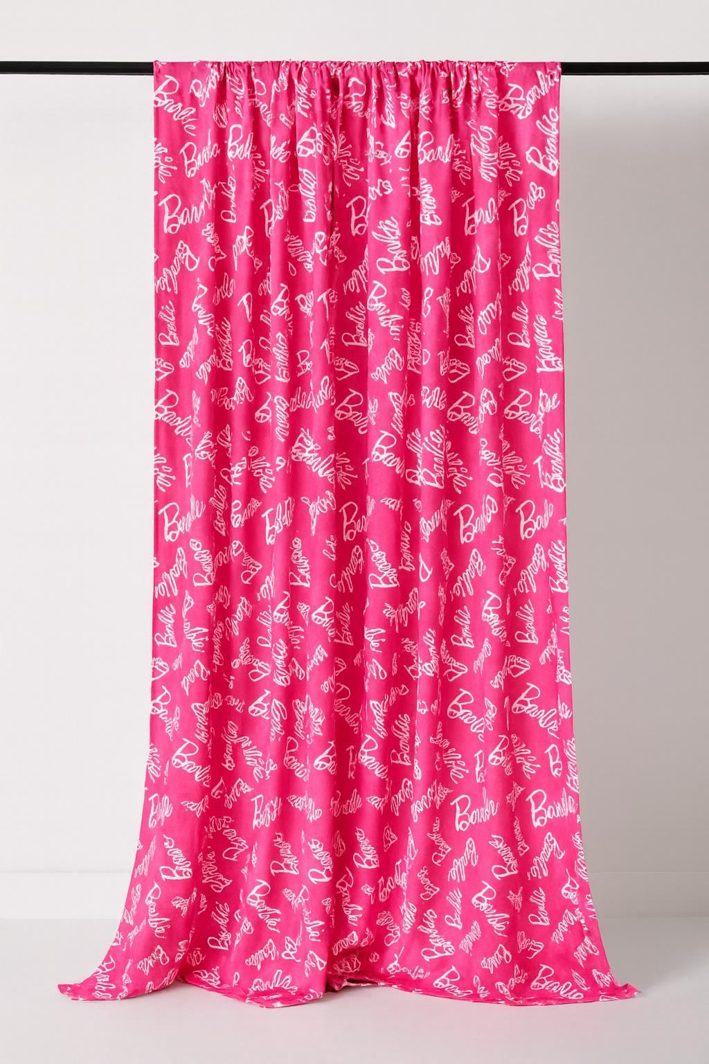 Barbie Fabric: Hot Pink Logo Text, Pink Linen-Look Polyester, 44" Wide