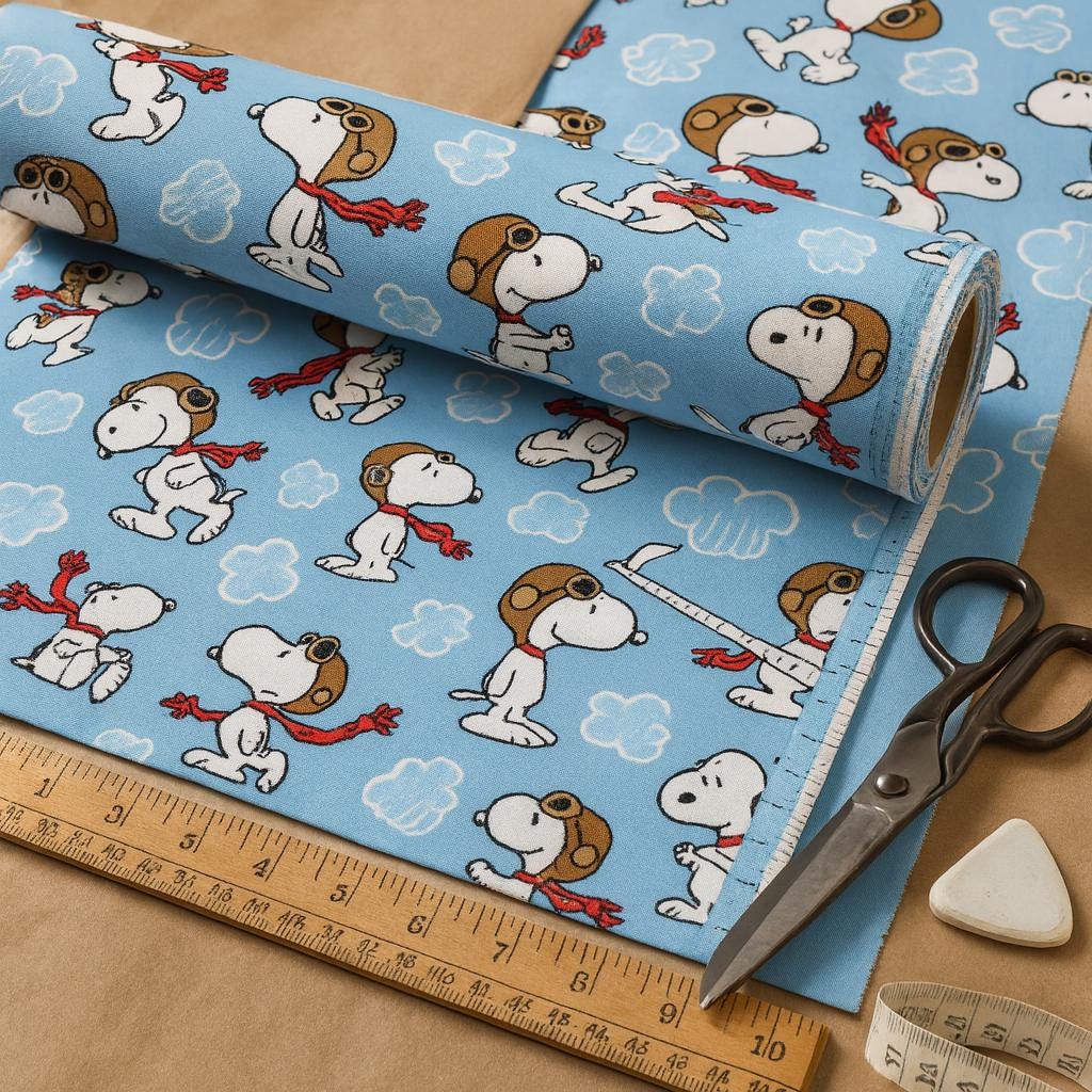 Snoopy Cartoon Fabric: Blue Linen-Look Polyester for Sewing & Quilting