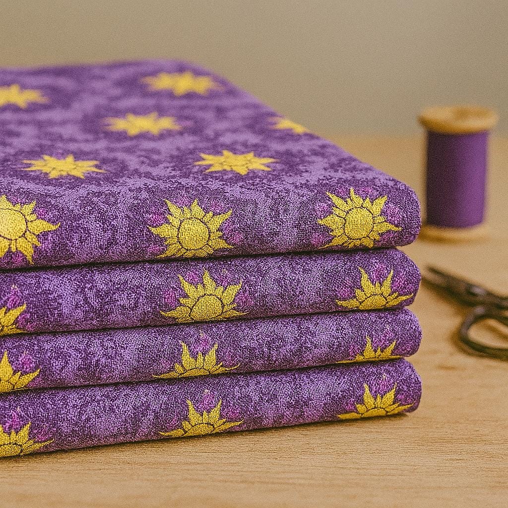 Yellow Sun on Purple, 100% Polyester, Tangled fabric for sewing quilting and apparel making