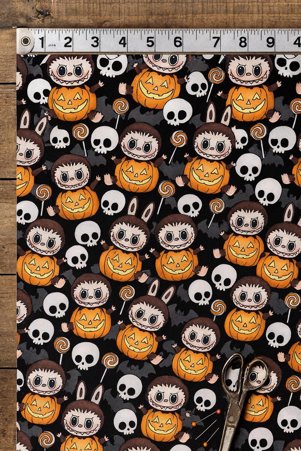 Labubu Halloween Fabric: Kawaii Monster Bunny Print - Polyester Linen