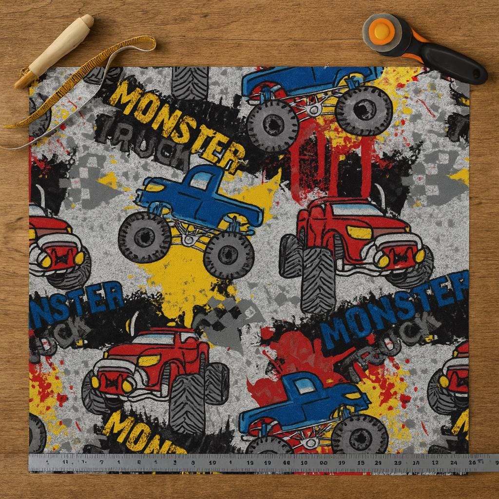 Monster jam Fabric: Linen-Look Polyester, Brown Dirt Print, 44" Wide