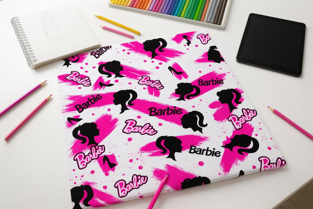 Barbie Fabric: Pink Logo Text, Black Linen-Look Polyester, 44" Wide