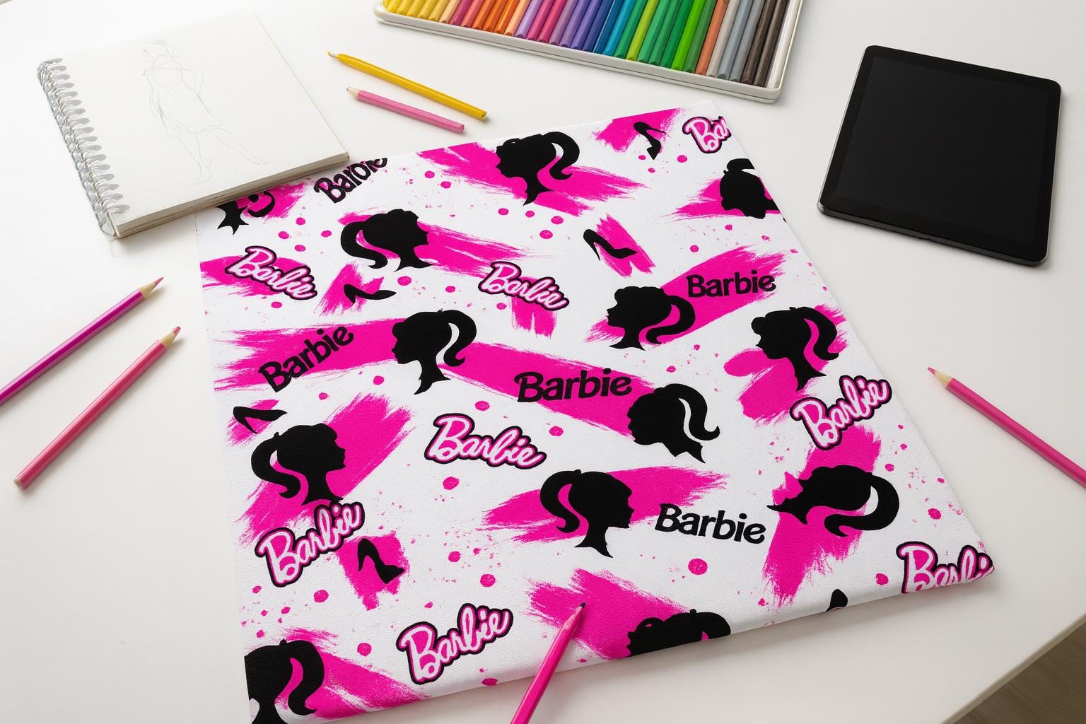 Barbie Fabric: Pink Logo Text, Black Linen-Look Polyester, 44" Wide