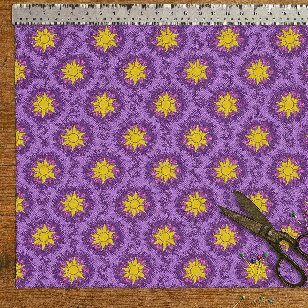 Yellow Sun on Purple, 100% Polyester, Tangled fabric for sewing quilting and apparel making