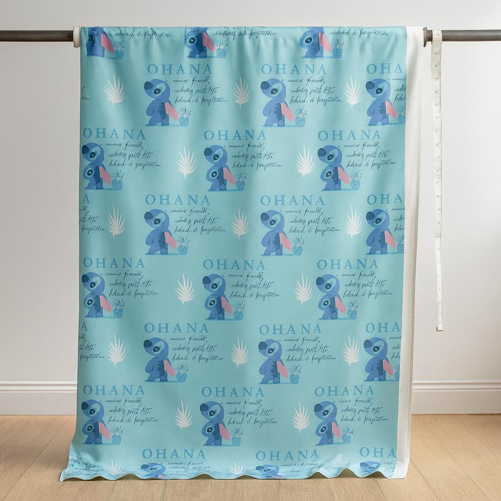 Licensed Lilo & Stitch Ohana Fabric | Linen-Look 100% Polyester by the Yard | 44" Wide, Soft 120–130gsm | Quilting, Sewing and Crafts