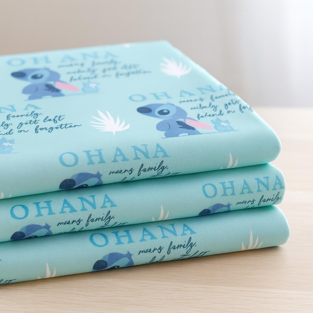 Licensed Lilo & Stitch Ohana Fabric | Linen-Look 100% Polyester by the Yard | 44" Wide, Soft 120–130gsm | Quilting, Sewing and Crafts