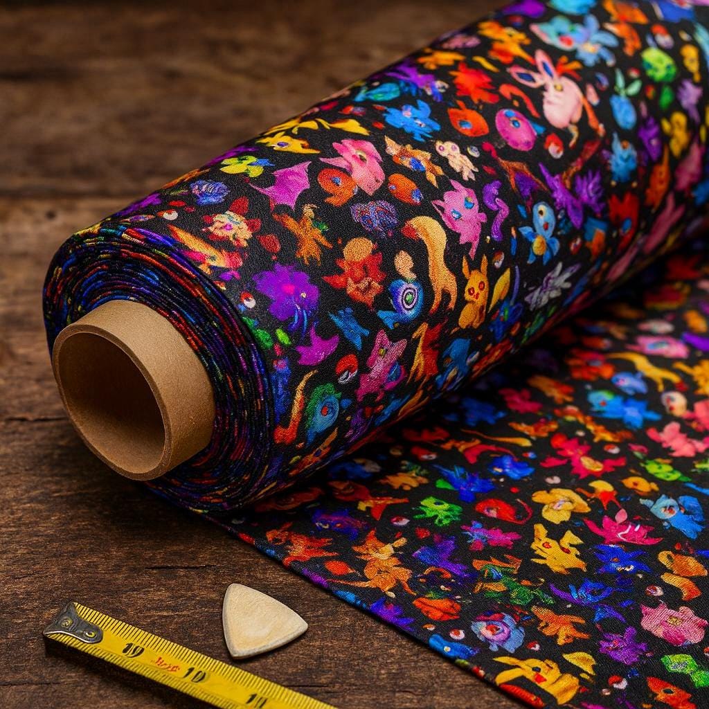 Pokemon Inspired Linen-Look Fabric by the Yard – 44" Wide Soft 100% Polyester (120–130gsm), Anime Cartoon Print, black Base Fabric