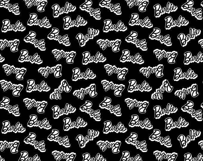 Barbie Fabric: Pink Logo Text, Black Linen-Look Polyester, 44" Wide