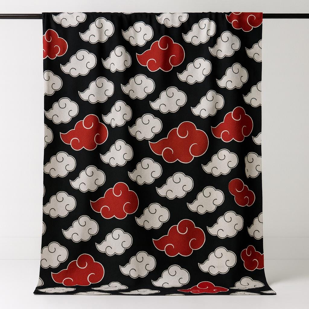 Anime Cloud Polyester Linen-Look Fabric - Black Red | 44 in Wide | Sold by the Yard | Cosplay, Quilting, Craft & Décor Material