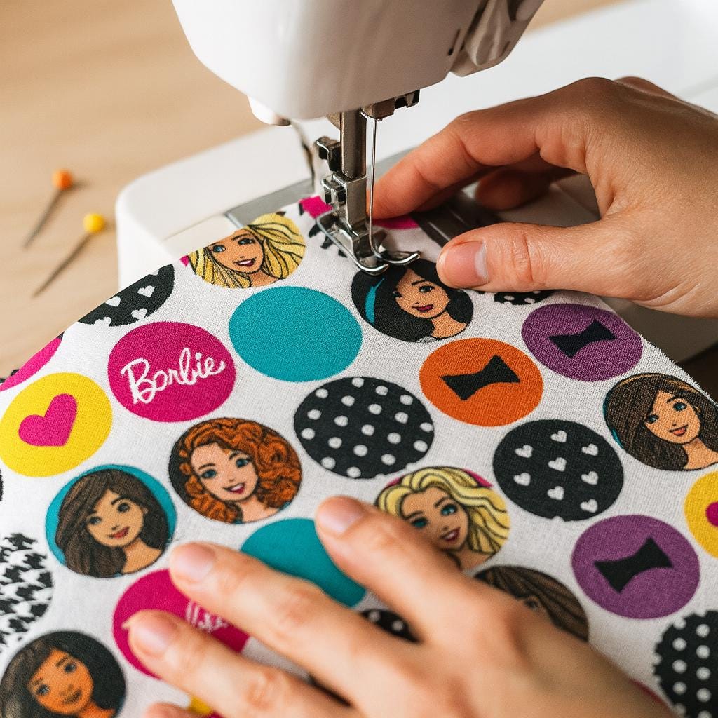 Barbie Icons Fabric: Pink on White Linen-Look Polyester - Quilting & Apparel