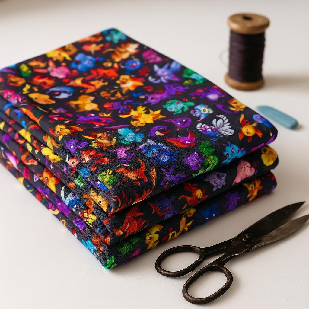 Pokemon Inspired Linen-Look Fabric by the Yard – 44" Wide Soft 100% Polyester (120–130gsm), Anime Cartoon Print, black Base Fabric