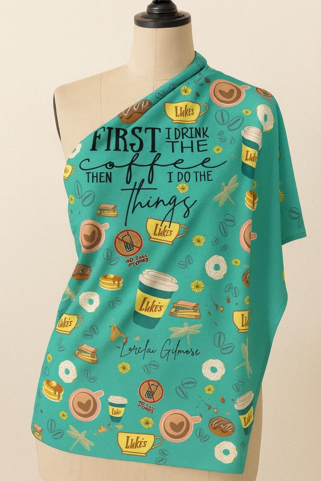 Gilmore Girls Coffee Print Fabric: Teal Linen-Look Polyester, 44" Wide