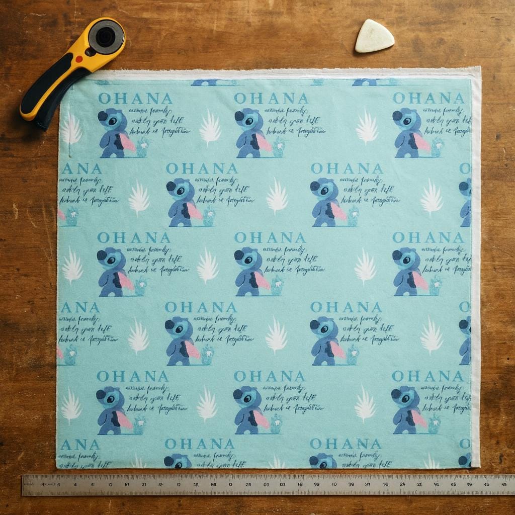Licensed Lilo & Stitch Ohana Fabric | Linen-Look 100% Polyester by the Yard | 44" Wide, Soft 120–130gsm | Quilting, Sewing and Crafts