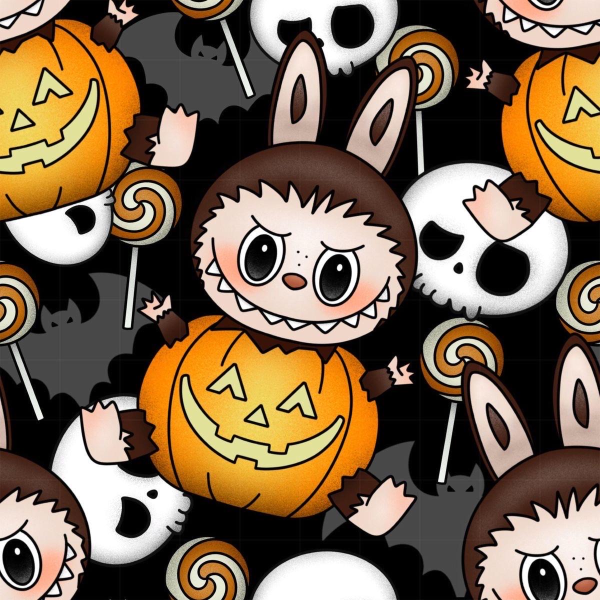 Labubu Halloween Fabric: Kawaii Monster Bunny Print - Polyester Linen