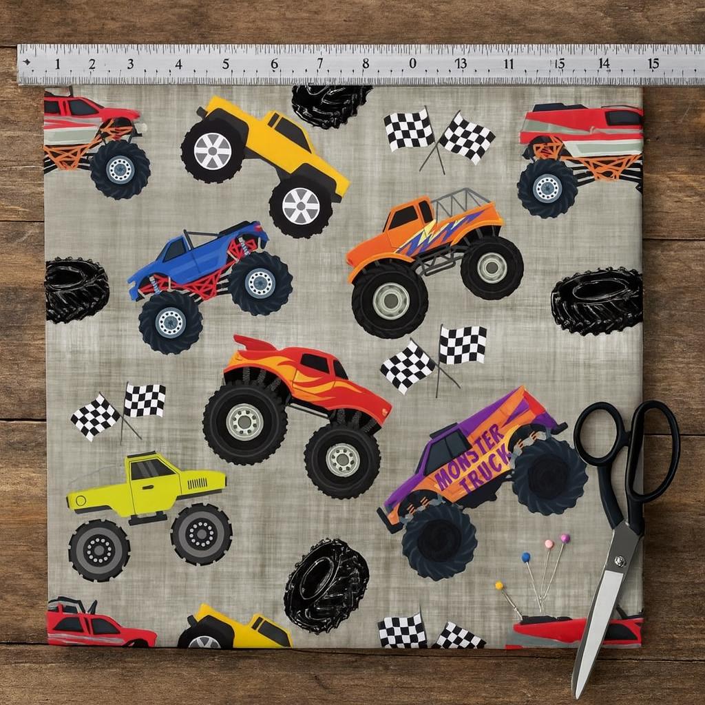 Monster Jam  Fabric: Linen-Look Polyester, Brown Dirt Print, 44" Wide