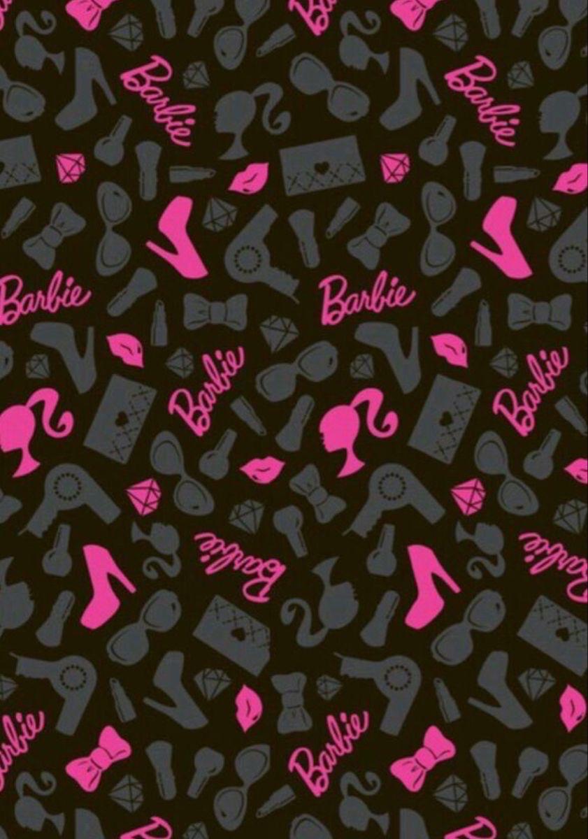 Barbie Fabric: Pink Logo Text, Black Linen-Look Polyester, 44" Wide