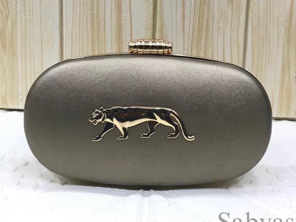Sabyasachi Inspired designer Evening Clutch: Gold Panther, Detachable Chain bollywood style handbag, cocktail clutch