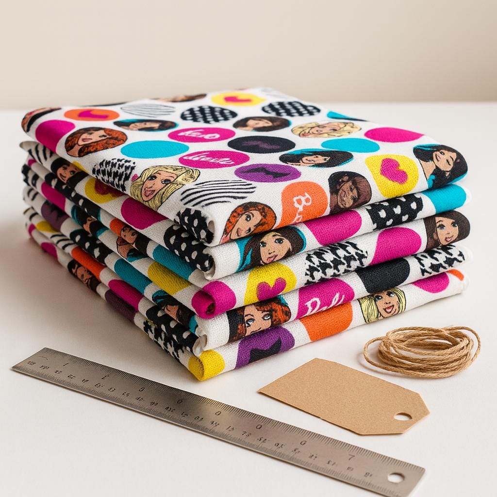 Barbie Icons Fabric: Pink on White Linen-Look Polyester - Quilting & Apparel