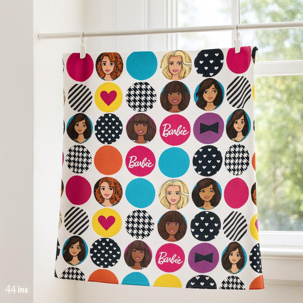 Barbie Icons Fabric: Pink on White Linen-Look Polyester - Quilting & Apparel