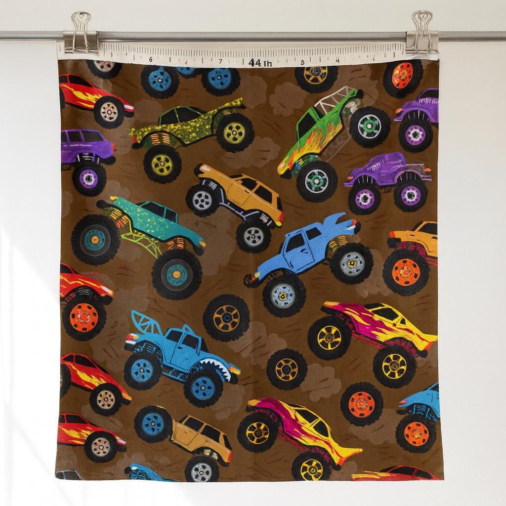 Monster Truck Fabric: Linen-Look Polyester, Brown Dirt Print, 44" Wide