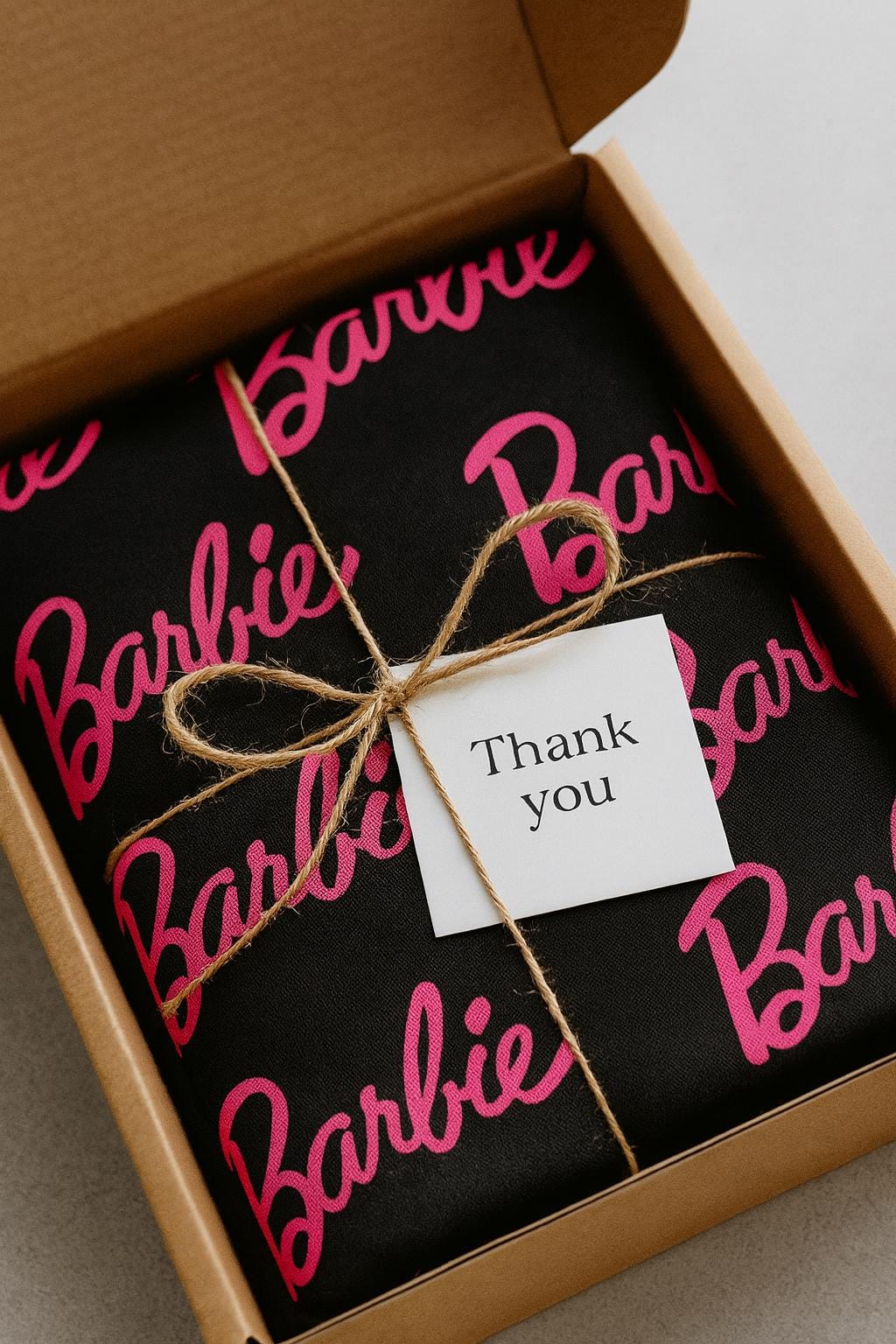 Barbie Fabric: Pink Logo Text, Black Linen-Look Polyester, 44" Wide