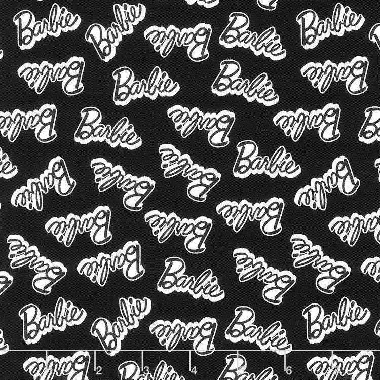 Barbie Fabric: Pink Logo Text, Black Linen-Look Polyester, 44" Wide