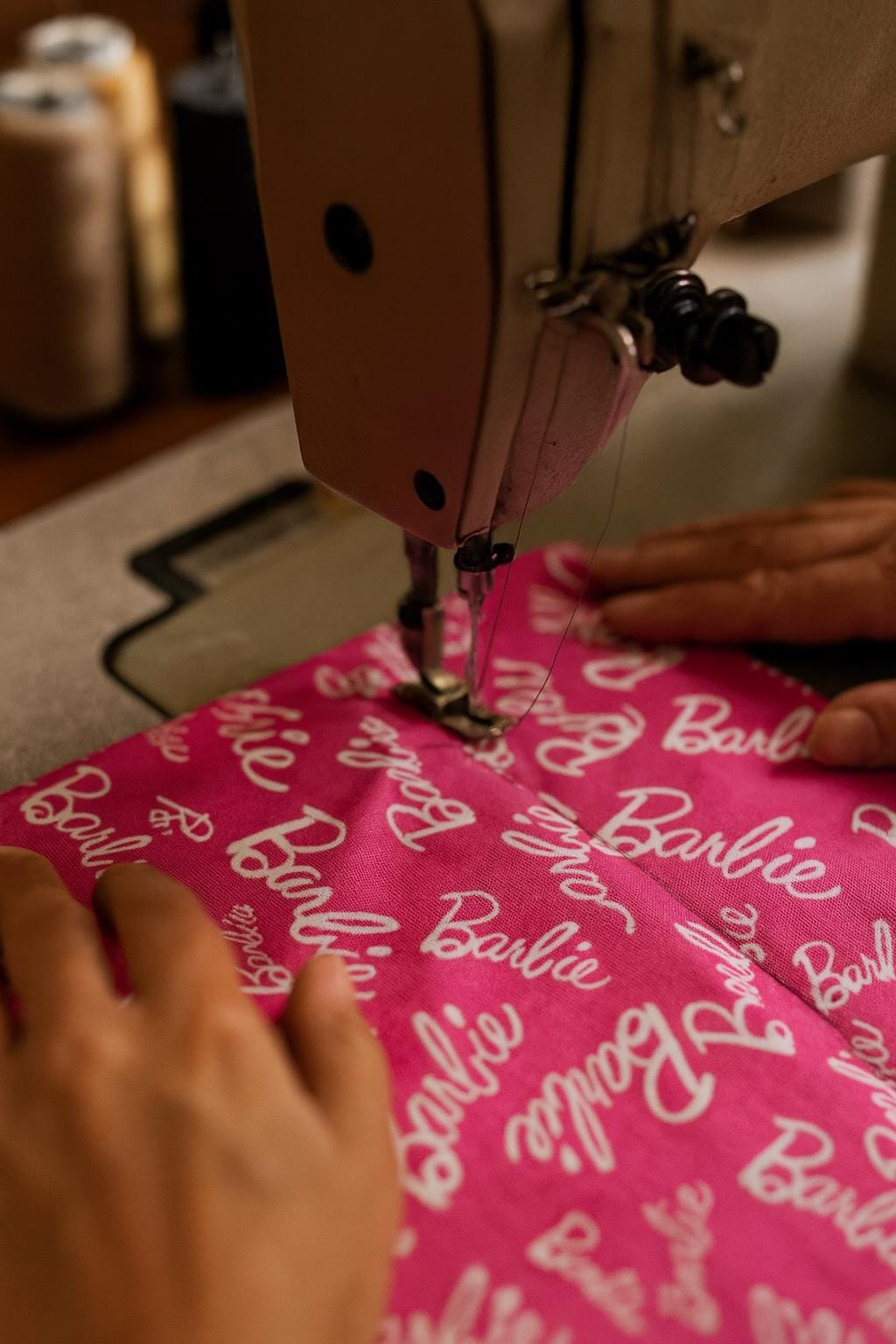 Barbie Fabric: Hot Pink Logo Text, Pink Linen-Look Polyester, 44" Wide