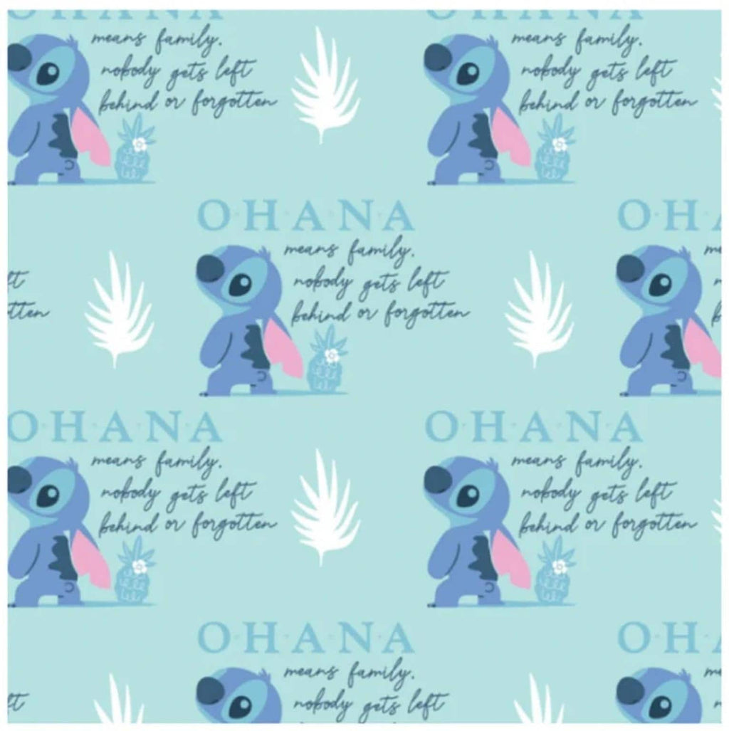 Licensed Lilo & Stitch Ohana Fabric | Linen-Look 100% Polyester by the Yard | 44" Wide, Soft 120–130gsm | Quilting, Sewing and Crafts